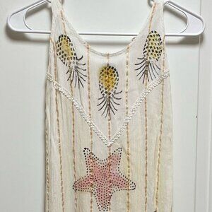 Taj Mahal Sz M Cream Maxi Dress Beachy w Rose Gold Metallic Stripes NO SZ TAGS